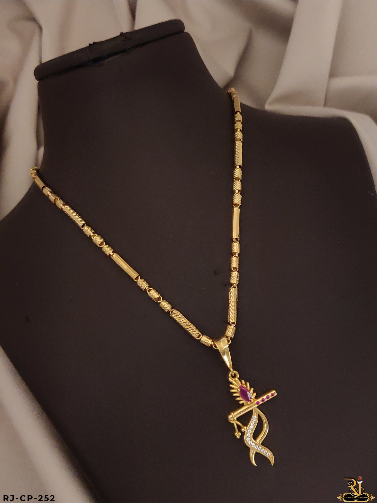 Krishna flute Pink Stone with Attractive Pipe Gold Chain-CP-252