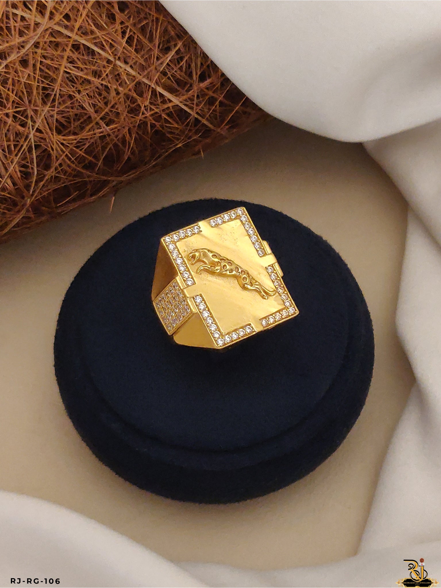 Attractive Diamond Jaguar Design Gold Plated Ring for Men's-RG-106