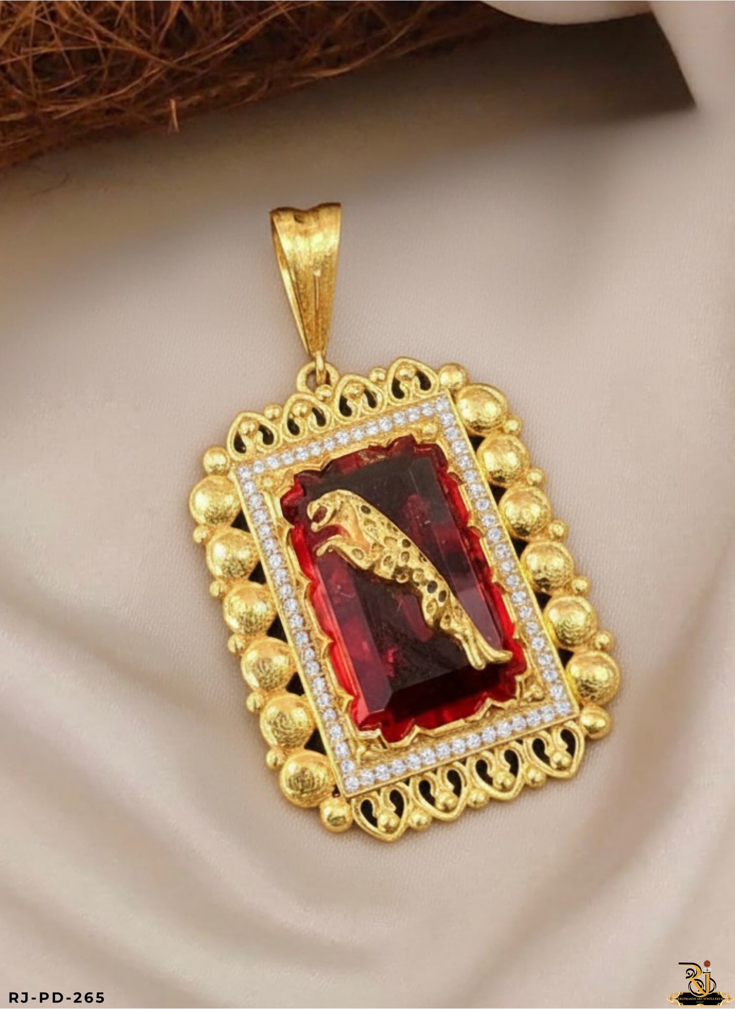 Rajwadi Shining Red Stone Diamond Jaguar Gold Plated Pendant For Men's-PD-265
