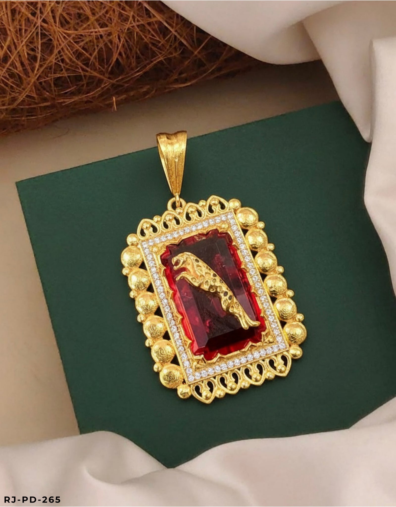 Rajwadi Shining Red Stone Diamond Jaguar Gold Plated Pendant For Men's-PD-265