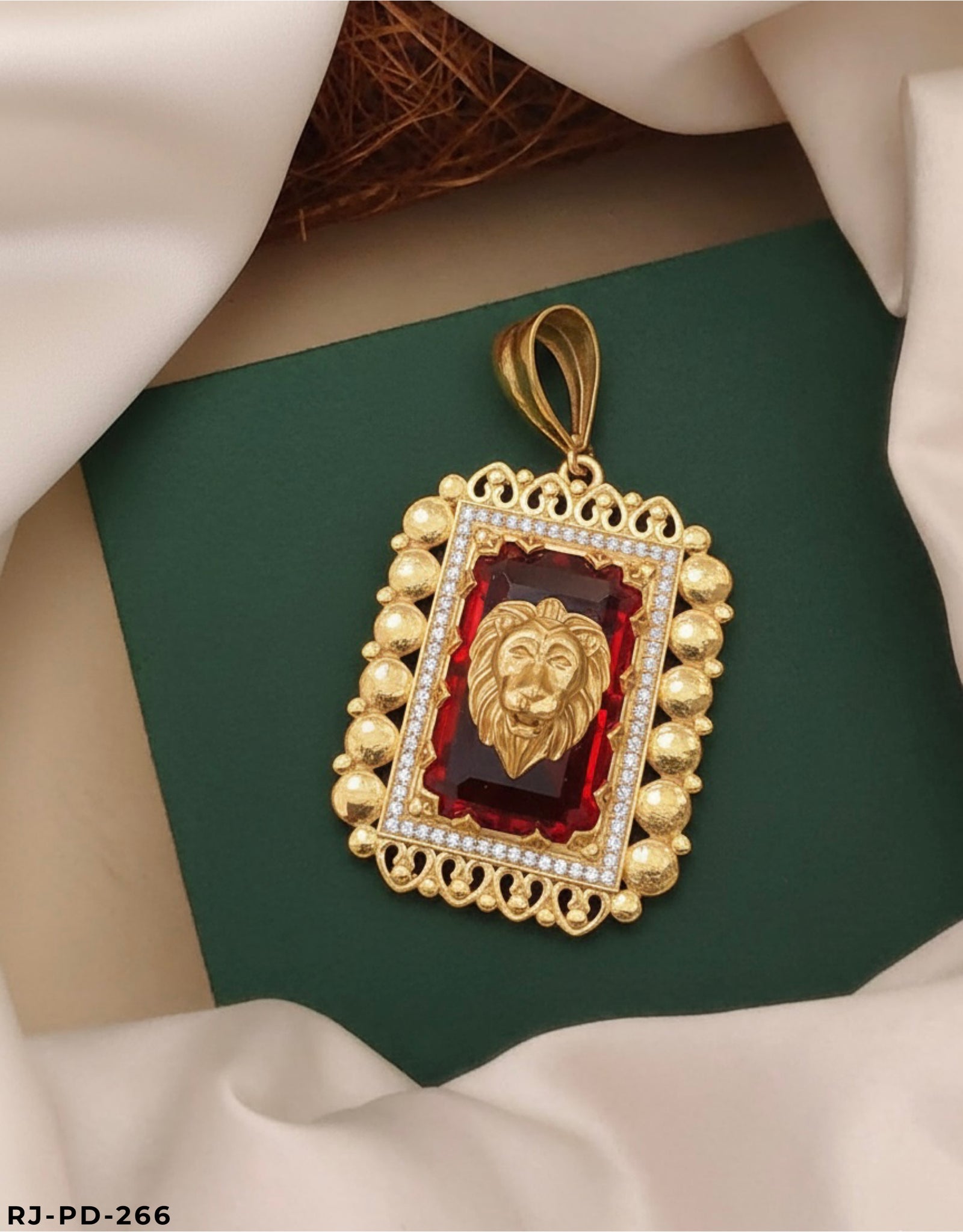 Rajwadi Shining Red Stone Diamond Lion Gold Plated Pendant For Men's-PD-266