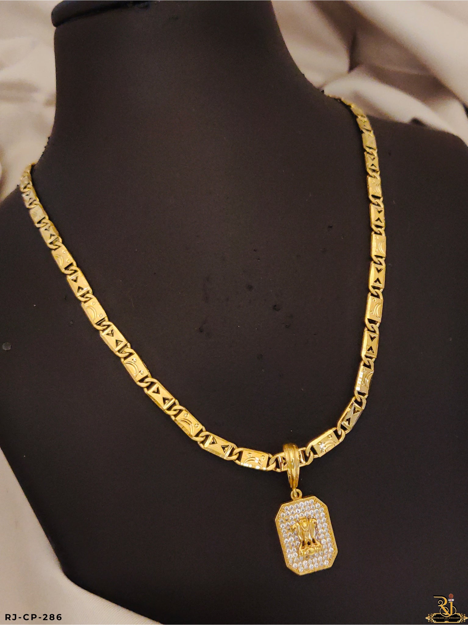 Brilliance Quality Biscuit Chain With Diamond Ashok Stambh Pendant For Men's-CP-286