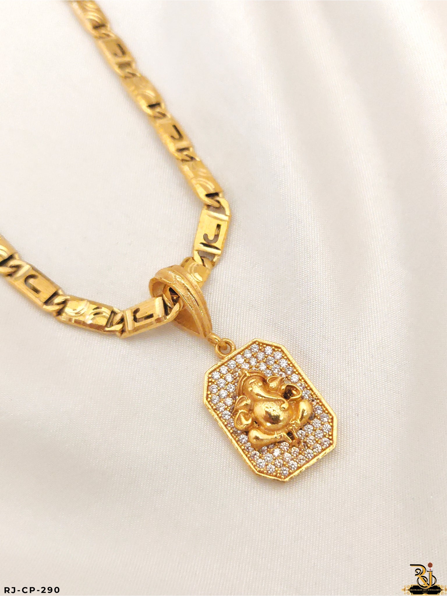 Finely Detailed Diamond Ganpati Bappa Pendant With Biscuit Chain For Mens's-CP-290