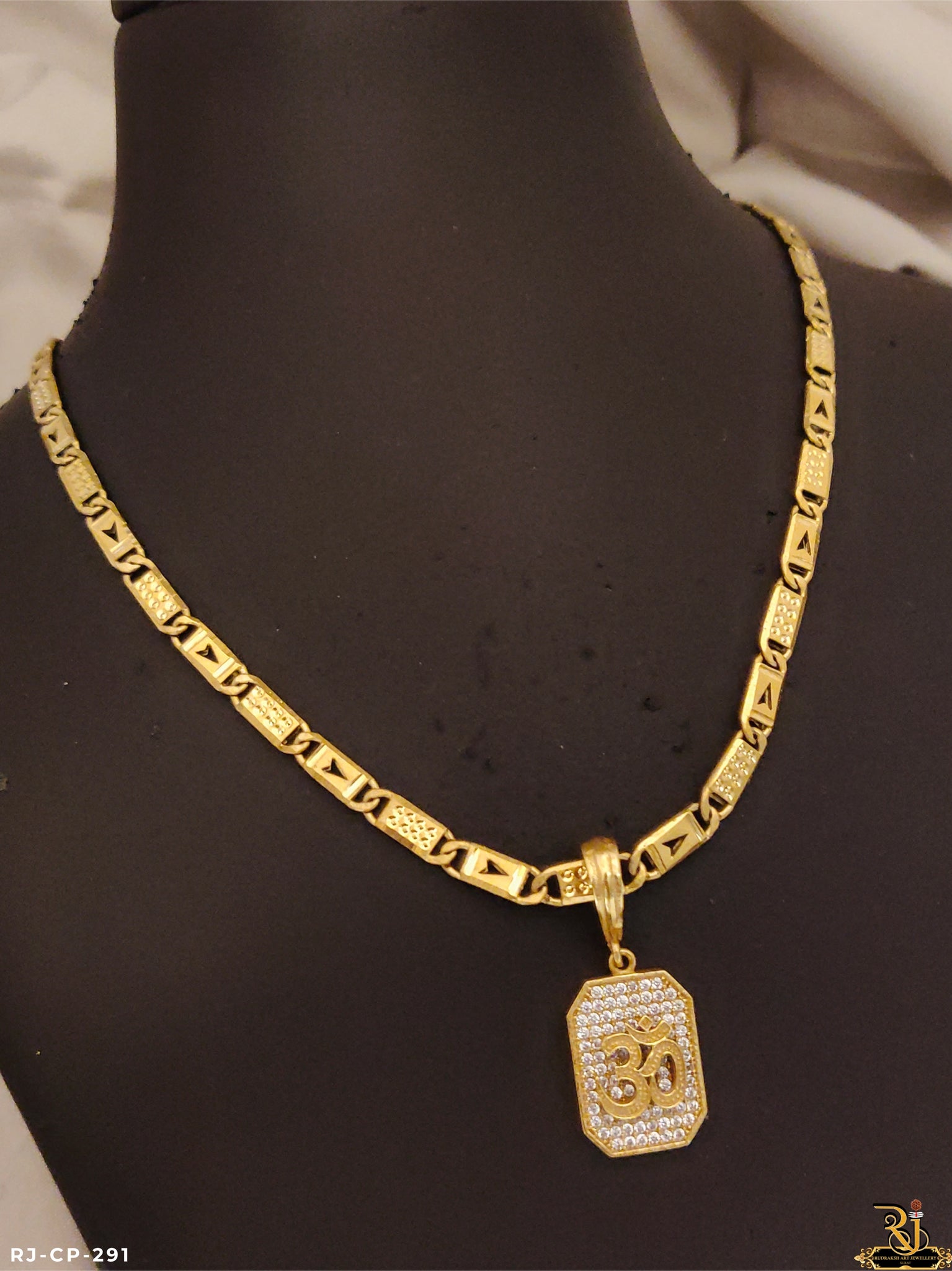 Rajwadi Shine Biscuit Chain with Diamond Om Logo Pendant For Men's-CP-291