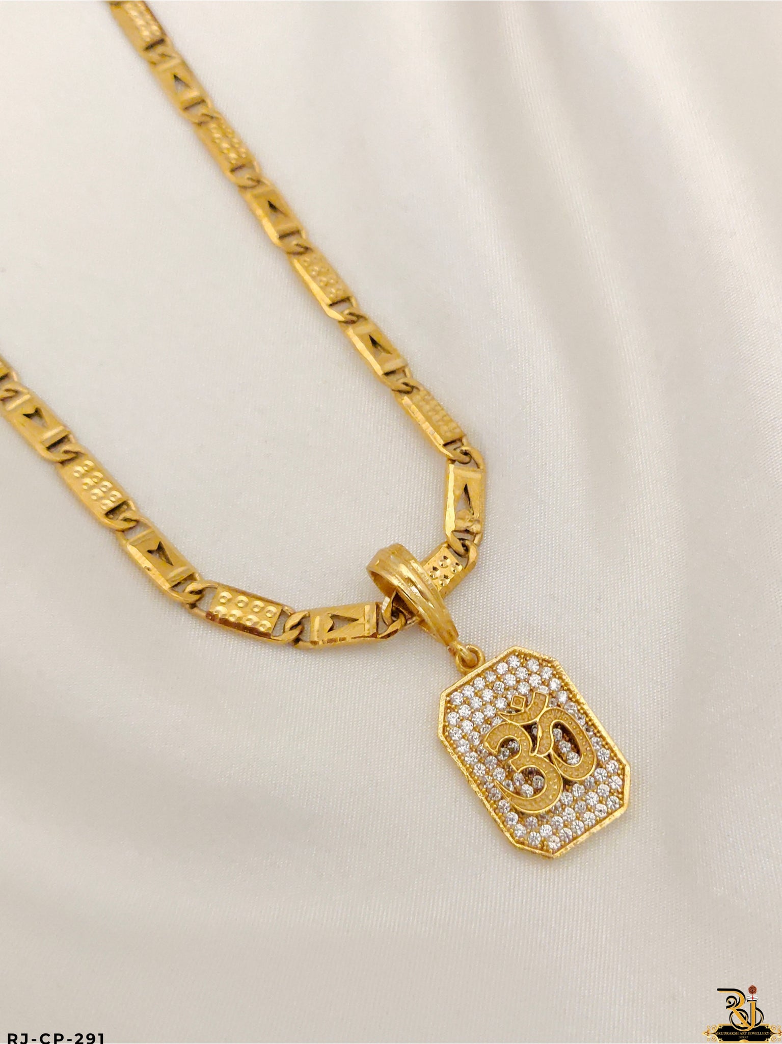 Rajwadi Shine Biscuit Chain with Diamond Om Logo Pendant For Men's-CP-291