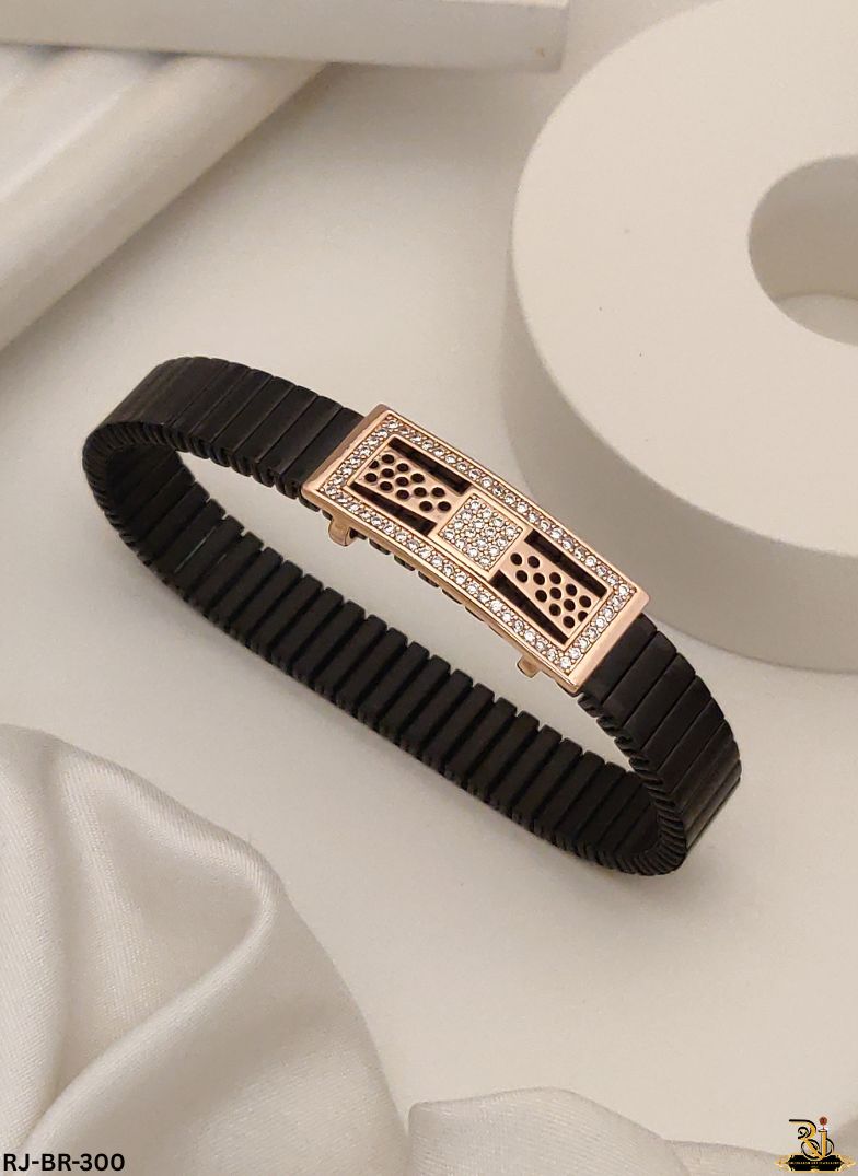Men's Modern Black Ceramic Bracelet with Diamond Rose Gold Design For Men's-BR-300