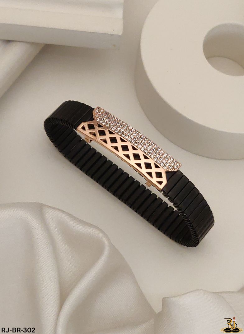 Elegant Black Ceramic With Diamond Rose Gold Design Bracelet For Men's-BR-302