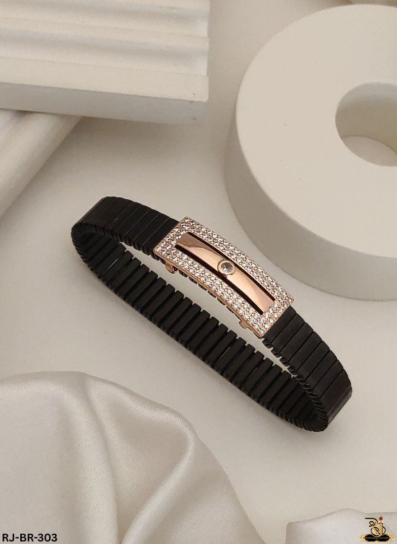 Black Ceramic Diamond Rose Gold Plated Design Bracelet For Men's-BR-303