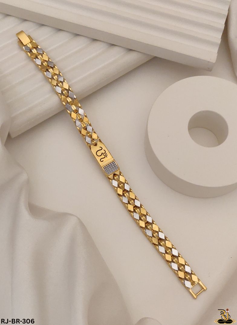 Mesmerizing Kajukatri Design Om logo Gold Plated Bracelet For Men's-BR-306