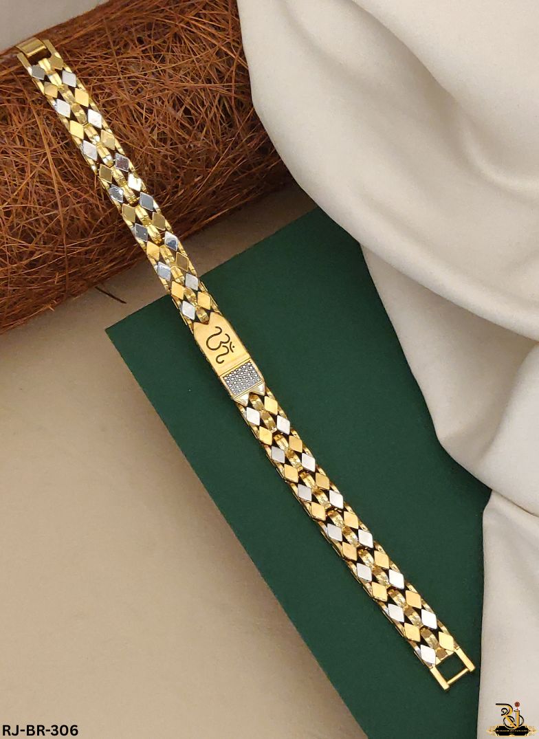 Mesmerizing Kajukatri Design Om logo Gold Plated Bracelet For Men's-BR-306