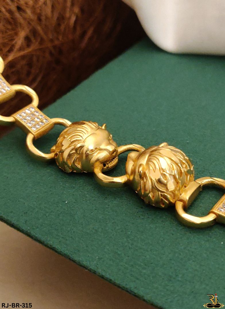 Dual Textured Lion CenterFaced Kadi Gold Plated Bracelet For Men's-BR-315