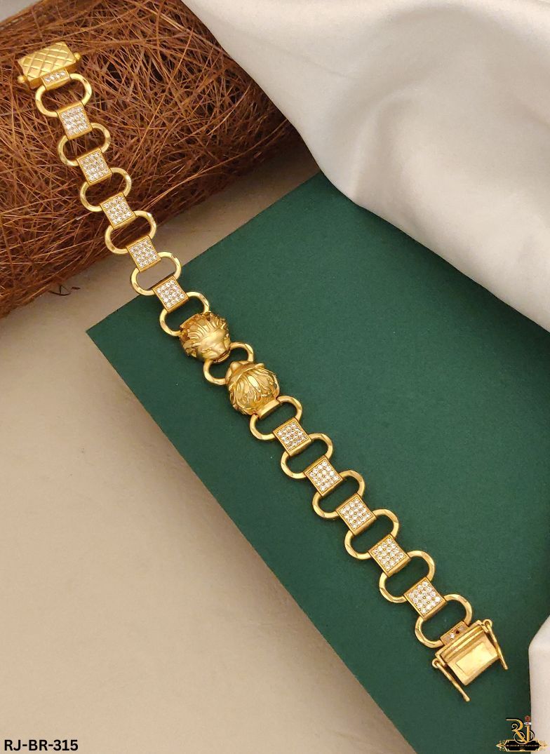 Dual Textured Lion CenterFaced Kadi Gold Plated Bracelet For Men's-BR-315