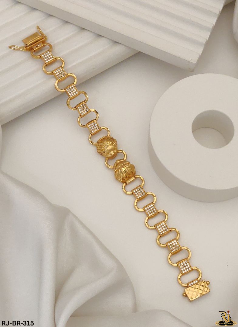 Dual Textured Lion CenterFaced Kadi Gold Plated Bracelet For Men's-BR-315