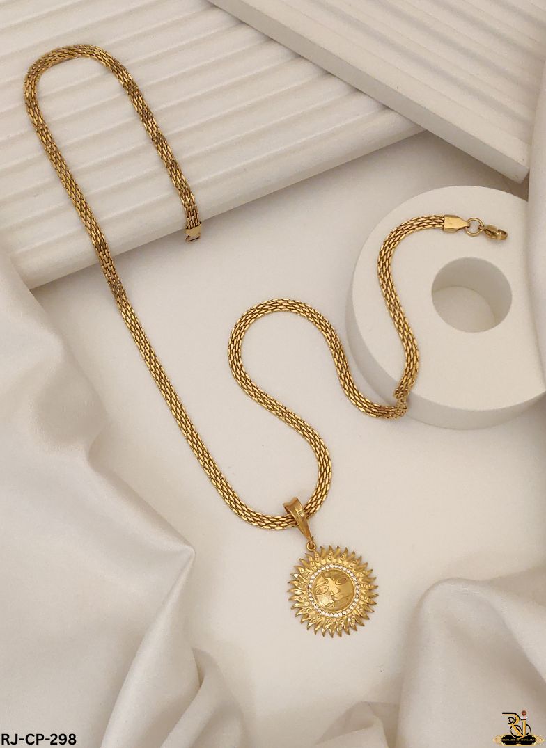 Radiant Surya Dev Gold Pendant with Gold Plated Chain For Men's-CP-298