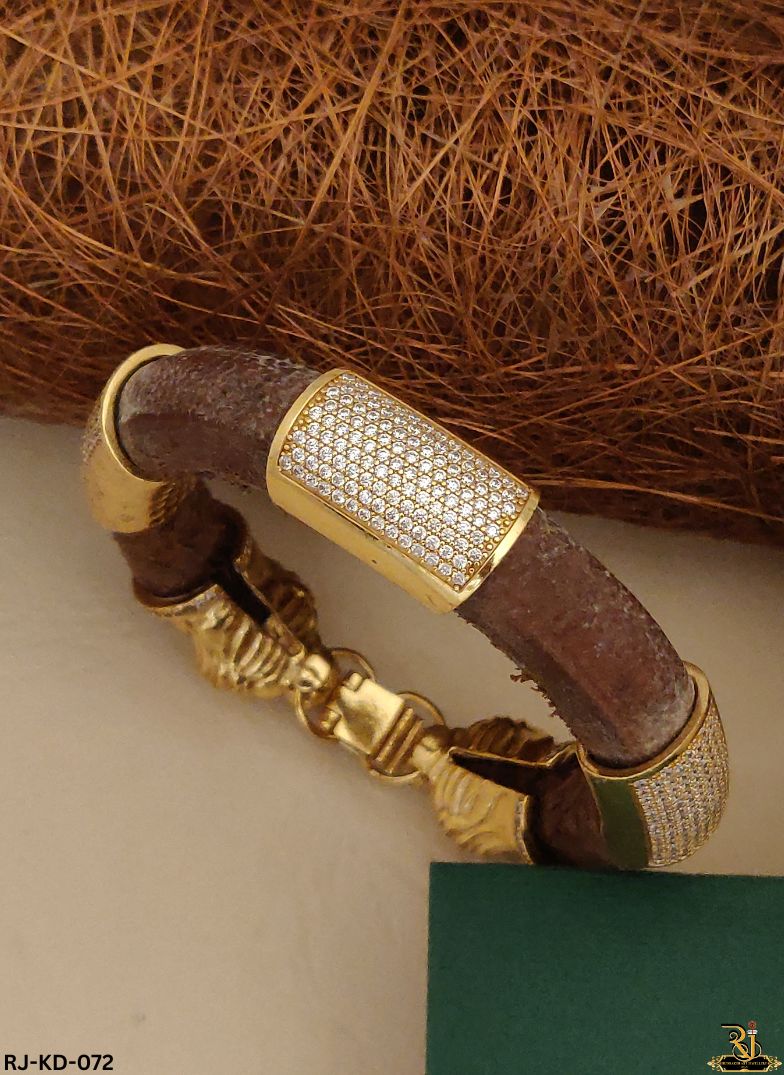 Royal Lion Face Gold Plated Leather Kada For Men's-KD-072