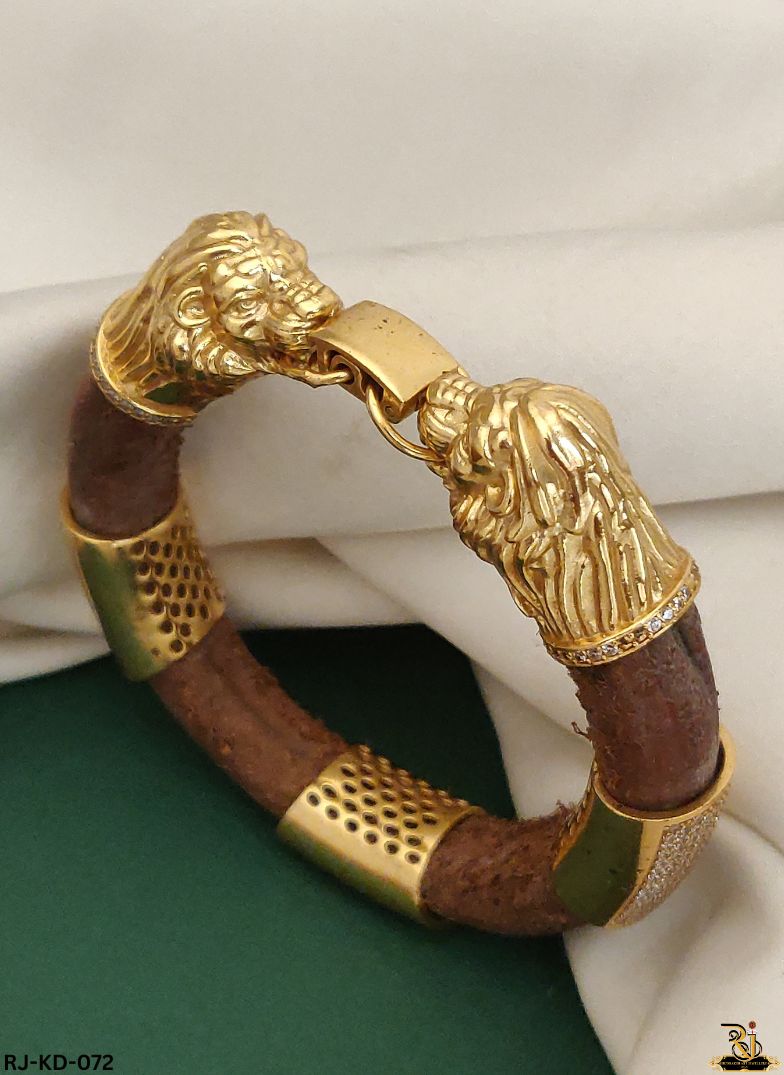 Royal Lion Face Gold Plated Leather Kada For Men's-KD-072