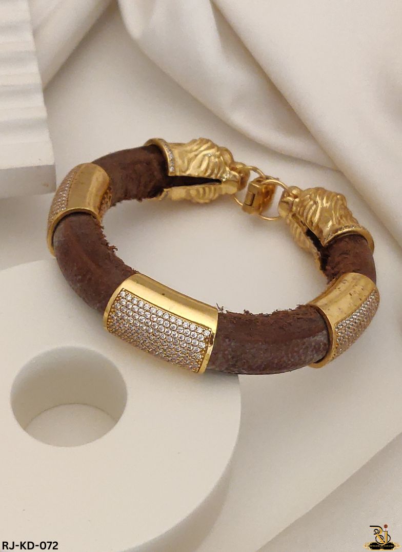 Royal Lion Face Gold Plated Leather Kada For Men's-KD-072