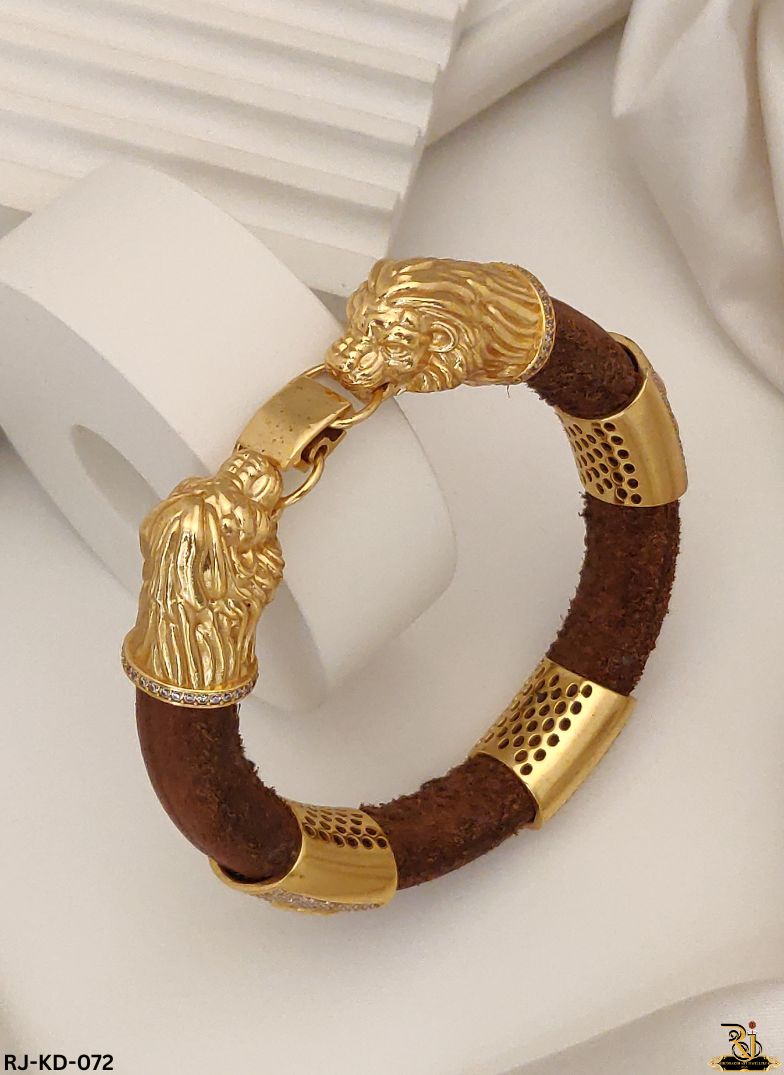 Royal Lion Face Gold Plated Leather Kada For Men's-KD-072