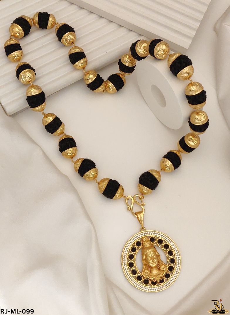 Lord Shiv Pendant with Designer Gold Plated 5 Mukhi Rudraksh Mala For Men's-ML-099