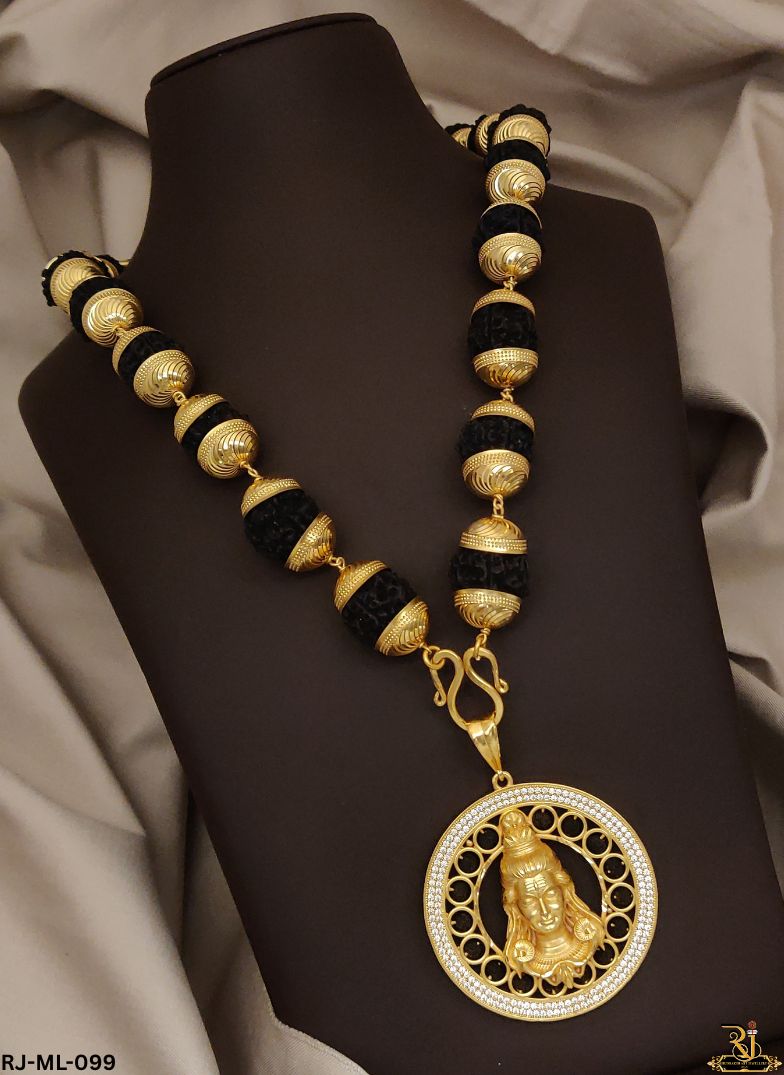 Lord Shiv Pendant with Designer Gold Plated 5 Mukhi Rudraksh Mala For Men's-ML-099