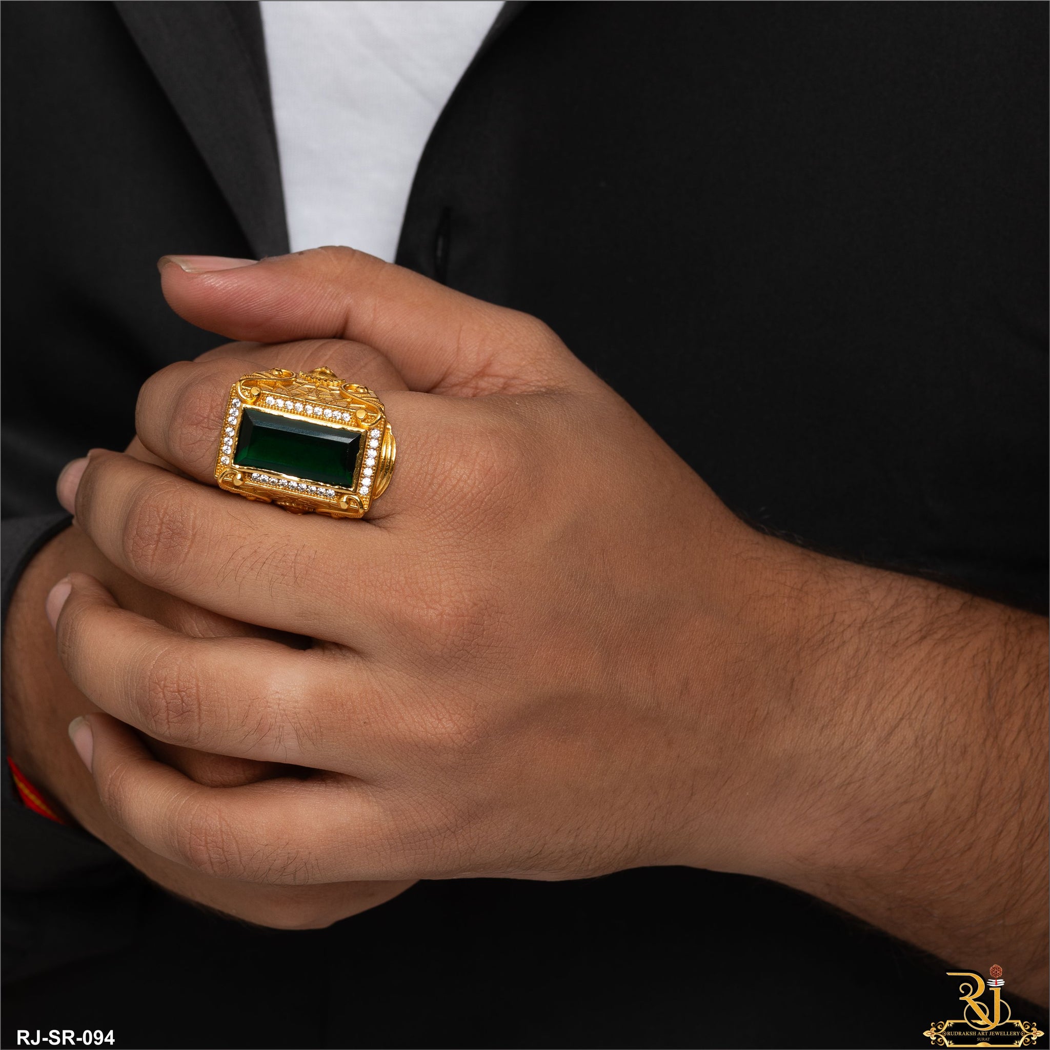 Green Stone Exceptional Design High-Quality Gold Plated Ring for Men - StyleRJ-SR-094