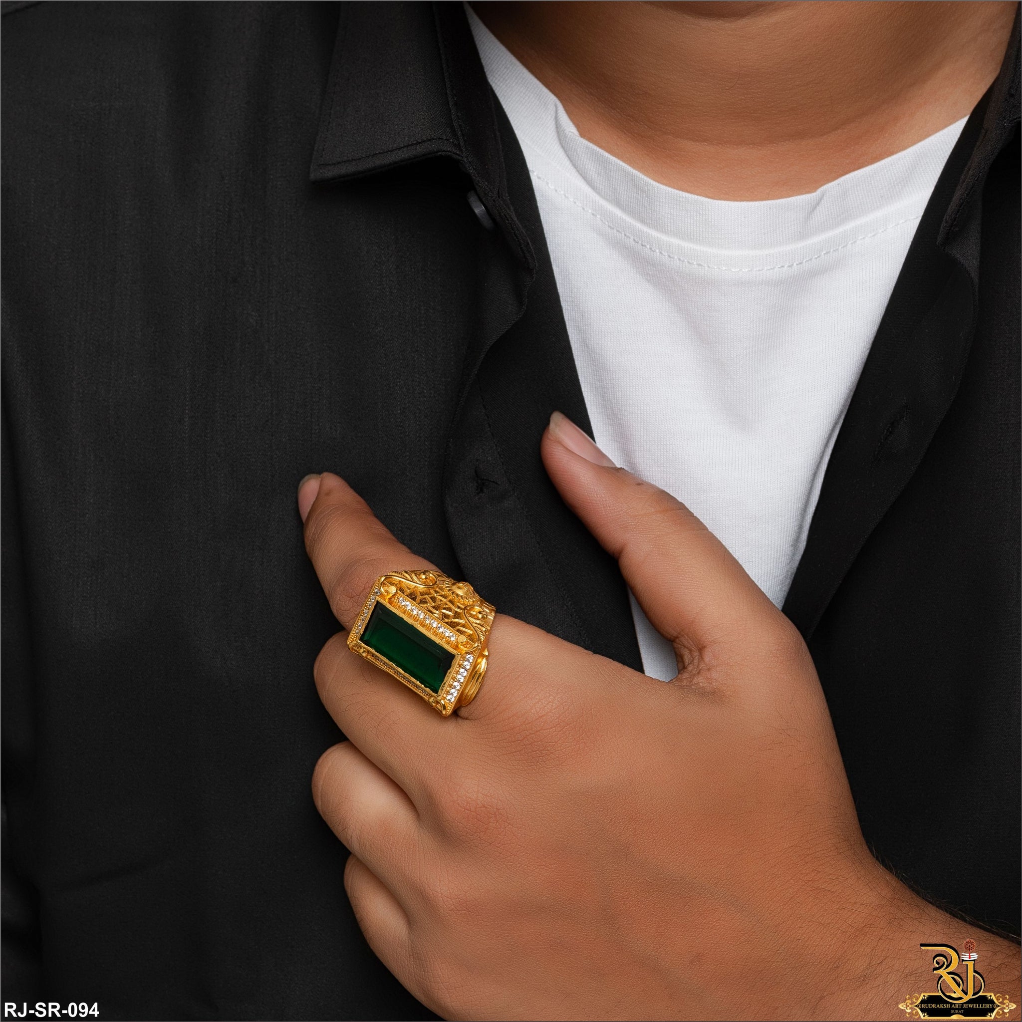 Green Stone Exceptional Design High-Quality Gold Plated Ring for Men - StyleRJ-SR-094