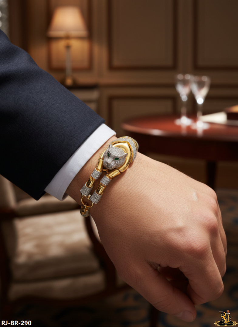 Trendy Flexible 3D Jaguar 18 Carat Gold Plated Bracelet For Men's-BR-290