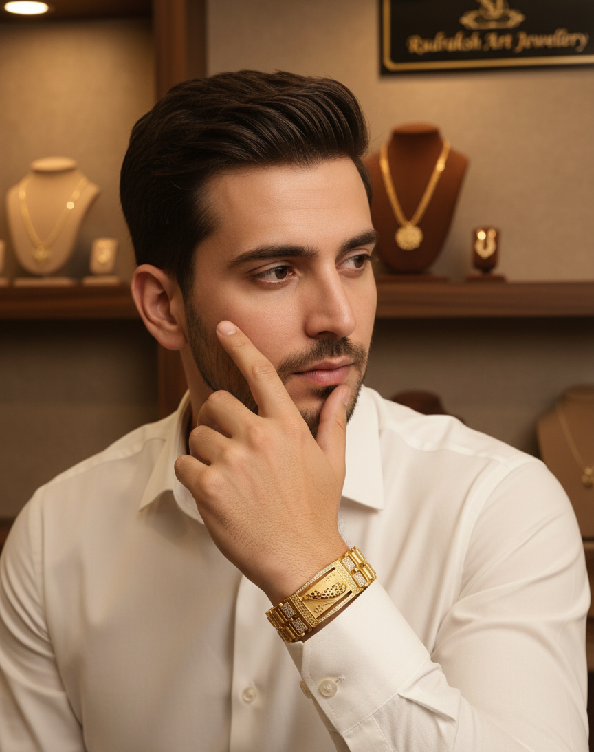 Luxurious Rajwadi Jaguar Diamond Gold Plated Bracelet For Men's-BR-199