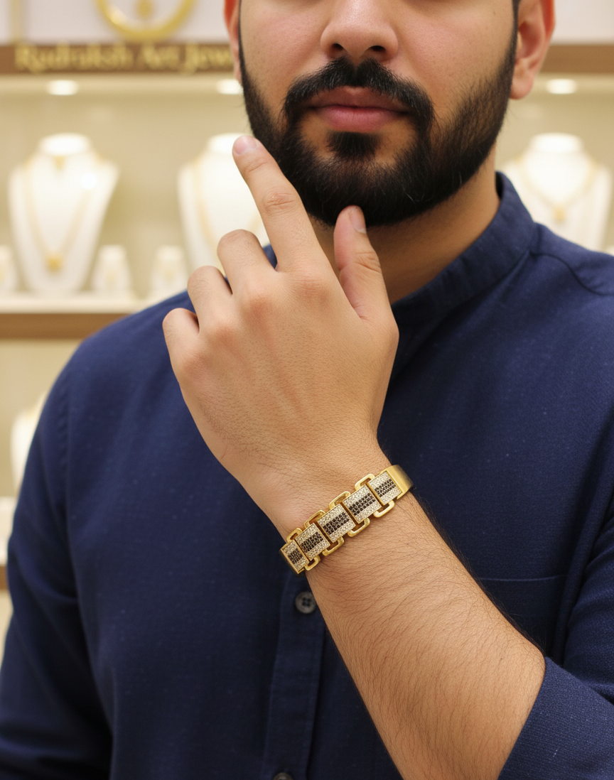 Luxe Radiance Black Diamond Design Gold Plated Bracelet For Men's-BR-276