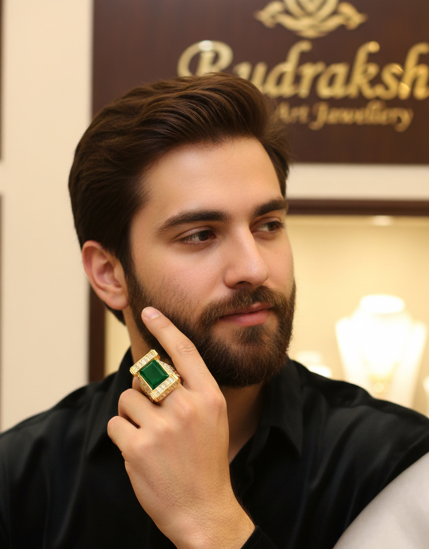 Mesmerizing Diamond Green stone ring For Men's-SR-112