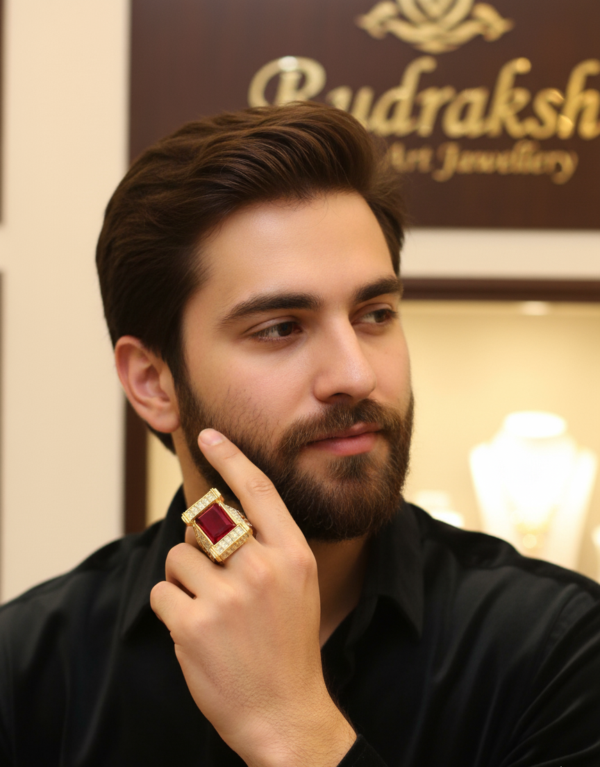 Diamond Red Stone Rajwadi Stone Ring For Men's-SR-113