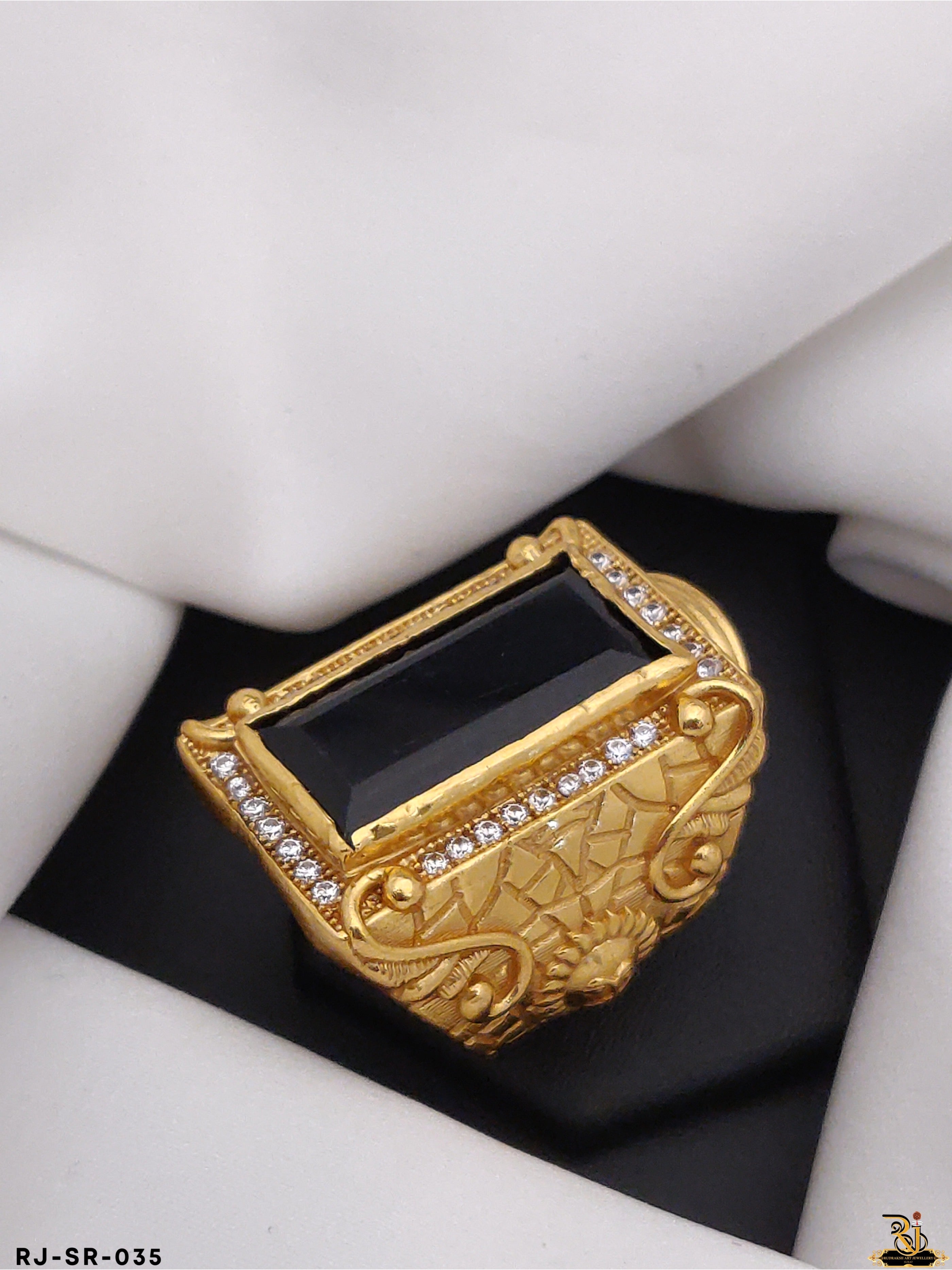 Black Stone with Diamond Finely Detailed Design Gold Plated Ring