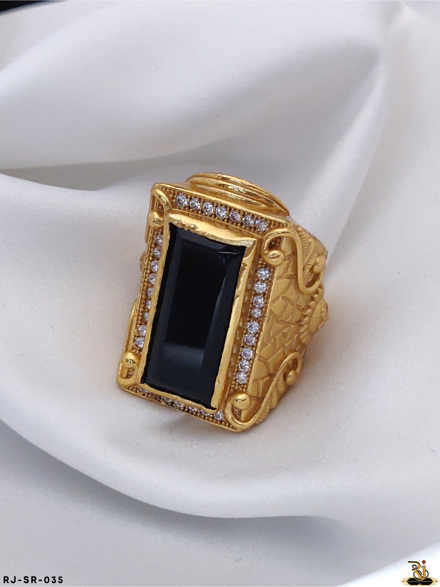 Black Stone with Diamond Finely Detailed Design Gold Plated Ring
