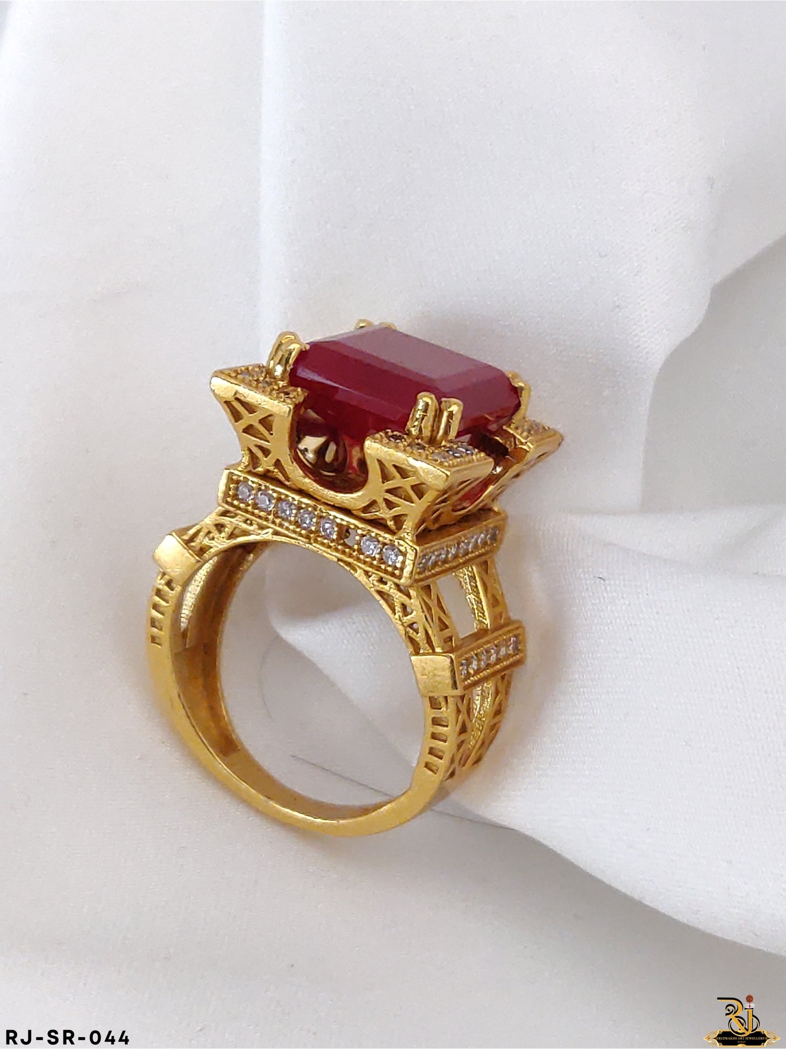 Red Stone Eiffel Tower Sophisticated Design Gold Plated Ring for Men SR-044