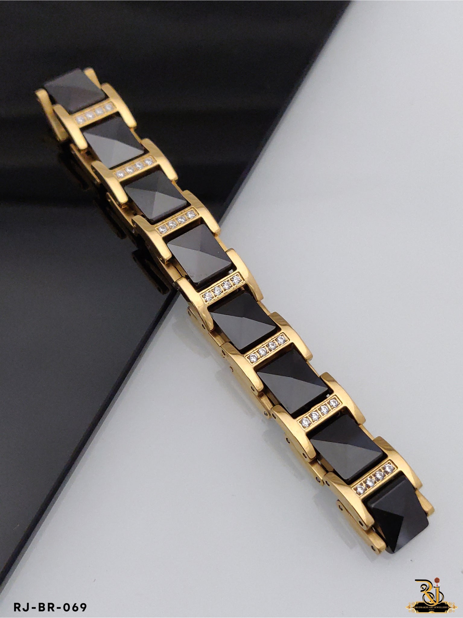Black Ceramic with Gold Plated Diamond Bracelet for Men-2 RJ-BR-069